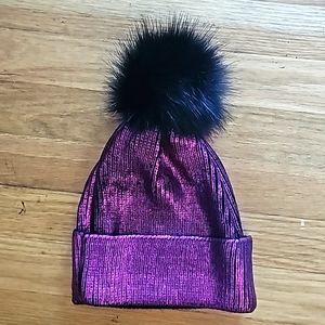 Fuchsia Pink Metallic Beanie Hat Fluffy Black Tassel Women's One Size Fits Most